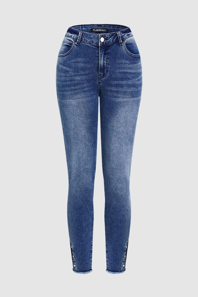 Pearl Button Side Raw Hem High Waist Skinny Jeans