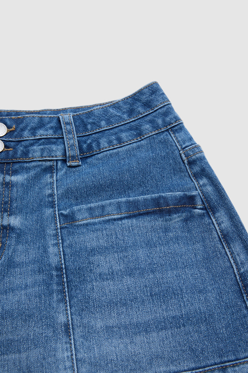 Wash Raw Hem Patched Pocket High Waist Denim Mid Thigh Shorts