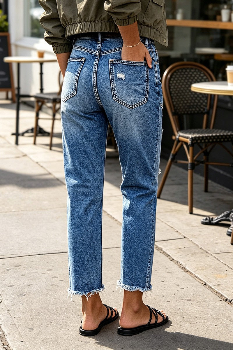 Wash Ripped Raw Hem High Rise Straight Leg Crop Jeans Without Belt