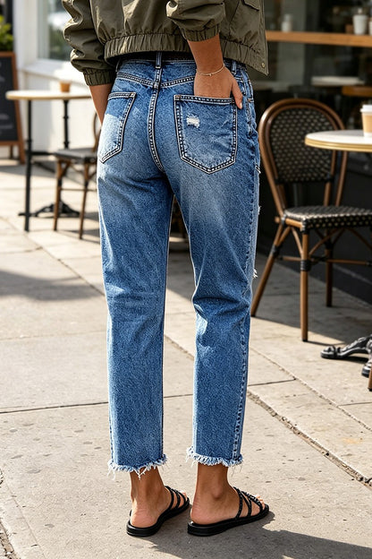 Wash Ripped Raw Hem High Rise Straight Leg Crop Jeans Without Belt