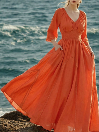 Robe longue en coton, demi-manches, col en V, unie, dentelle, vacances, vintage, orange clair
