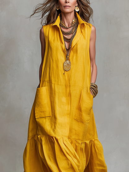 Robe longue bohème rétro moutarde avec poches