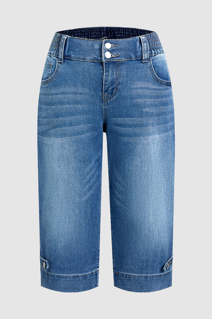 Wash Button Tab Elastic Mid Rise Straight Leg Capri Jeans
