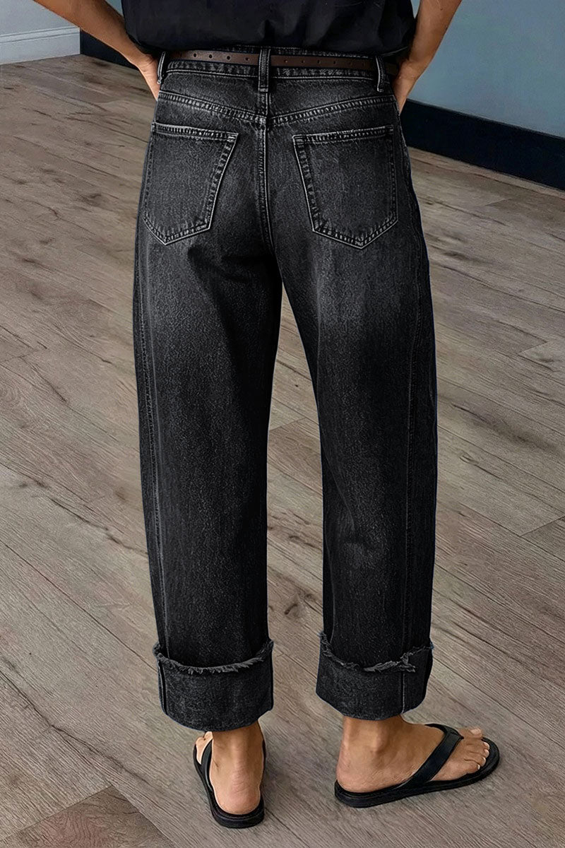 Wash Seam Front Roll Raw Hem Mid Rise Straight Leg Crop Jeans Without Belt