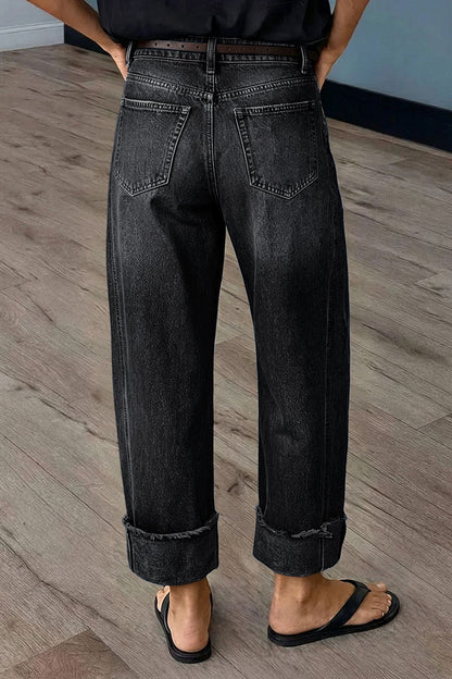 Wash Seam Front Roll Raw Hem Mid Rise Straight Leg Crop Jeans Without Belt