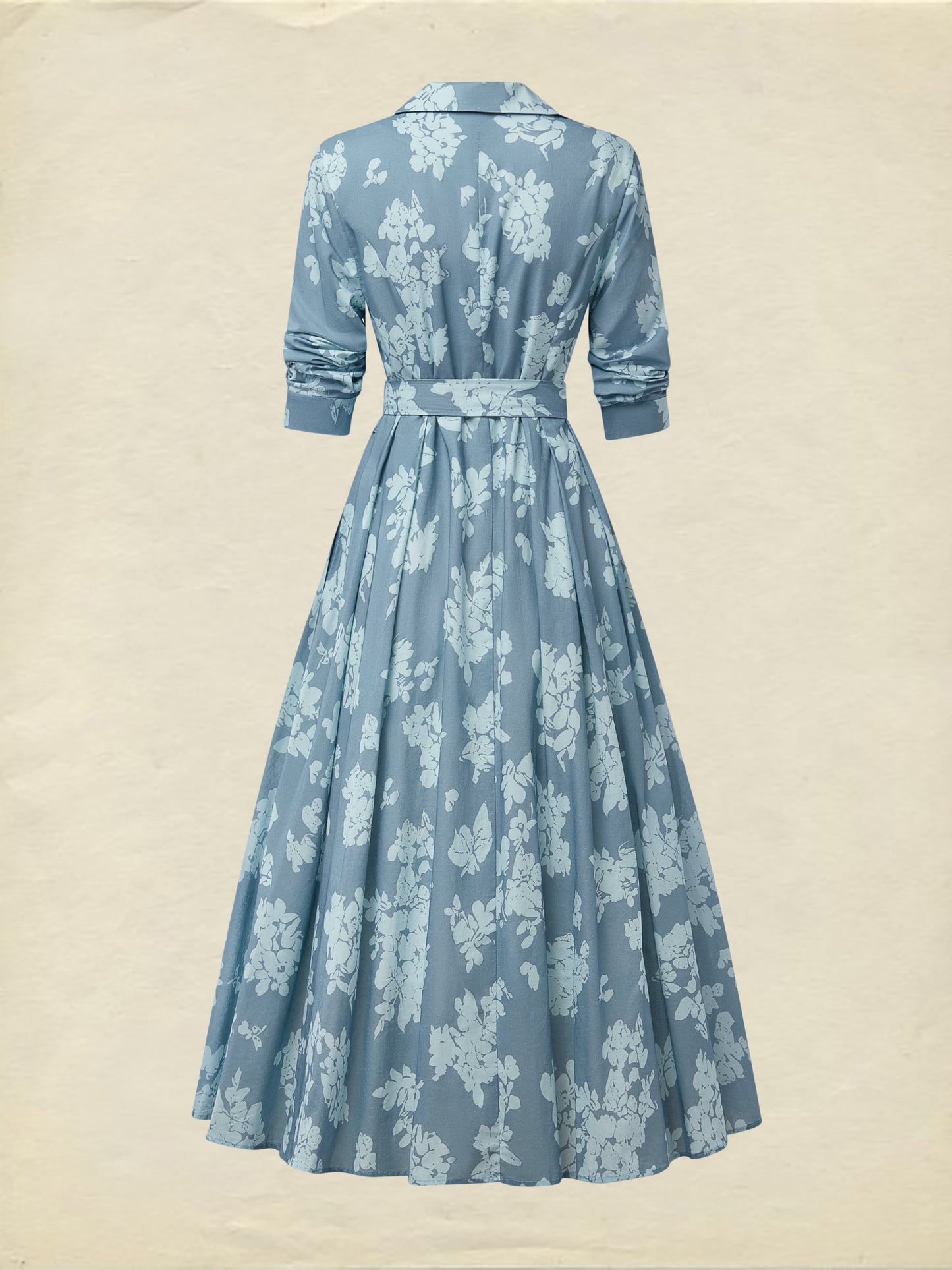 Robe midi en lin, manches courtes, col châle, florale, boutonnée, vintage, bleue