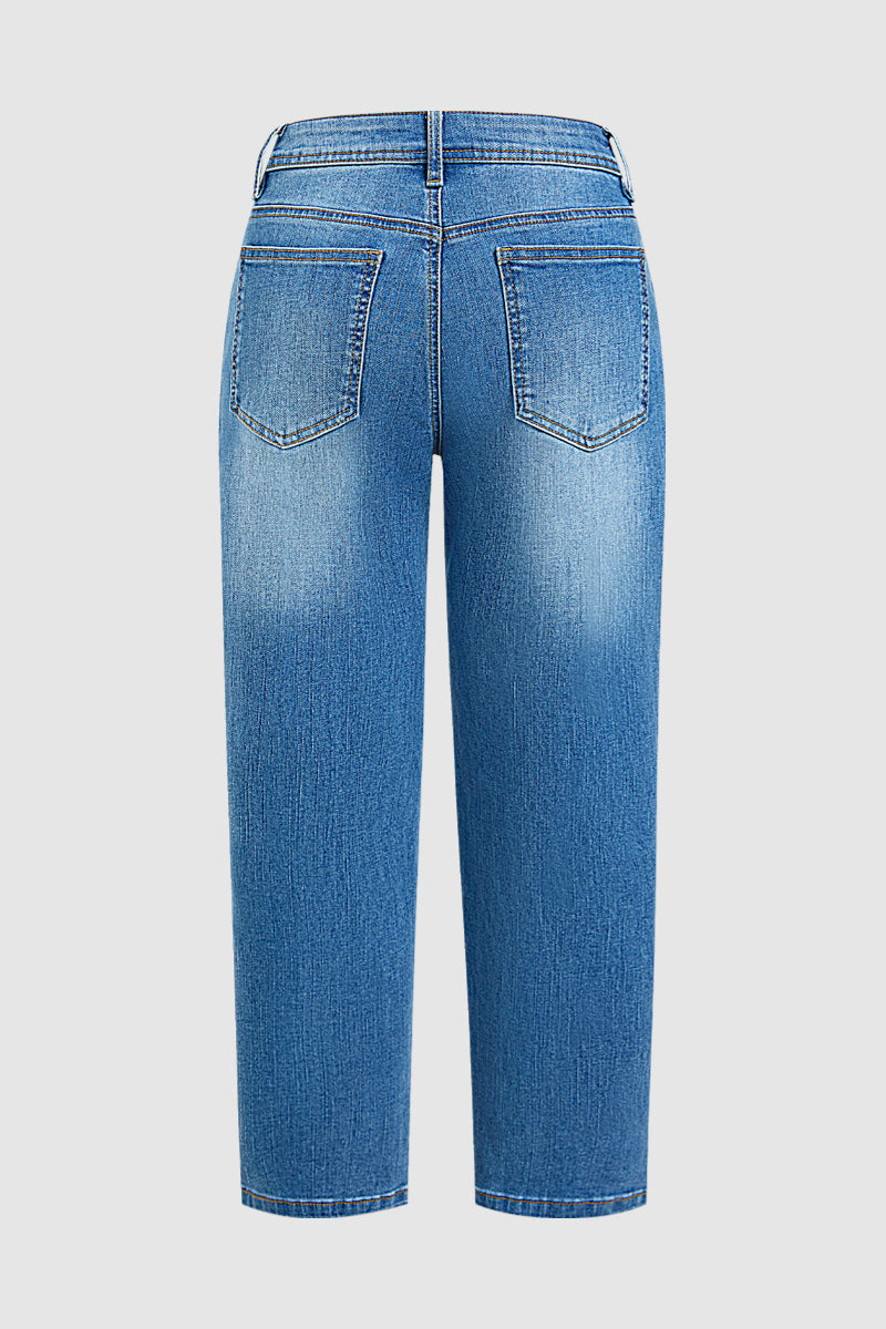 Wash Button Detail High Waist Straight Leg Cropped Jeans