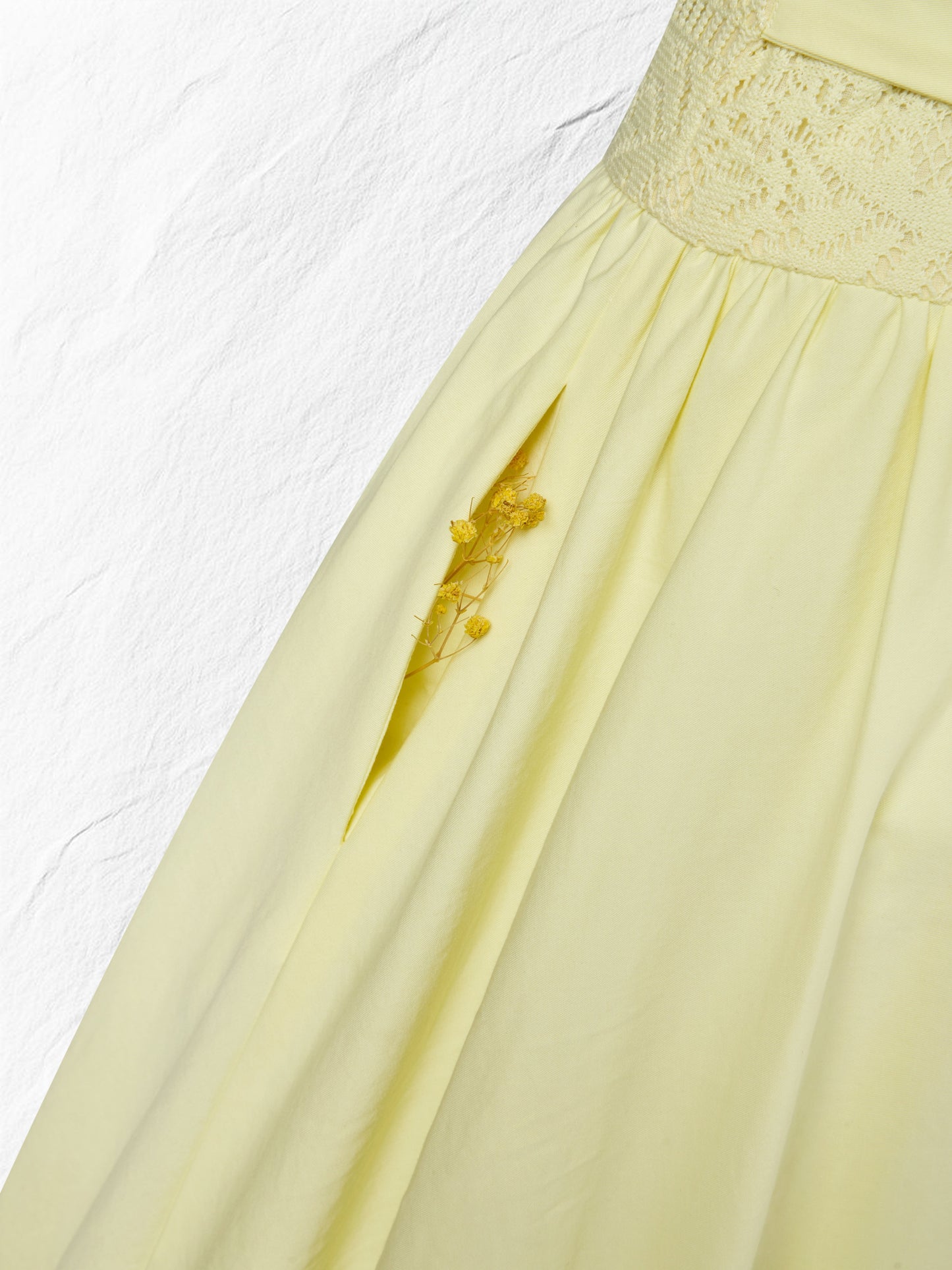 Robe Midi en Coton, Sans Manches, Col Rond, Unie, Dentelle, Vintage Français, Jaune Clair
