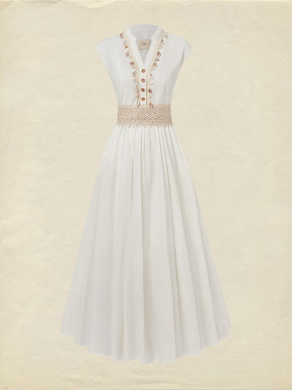 Robe longue en lin, manches courtes, col en V, unie, dentelle, vintage, blanche