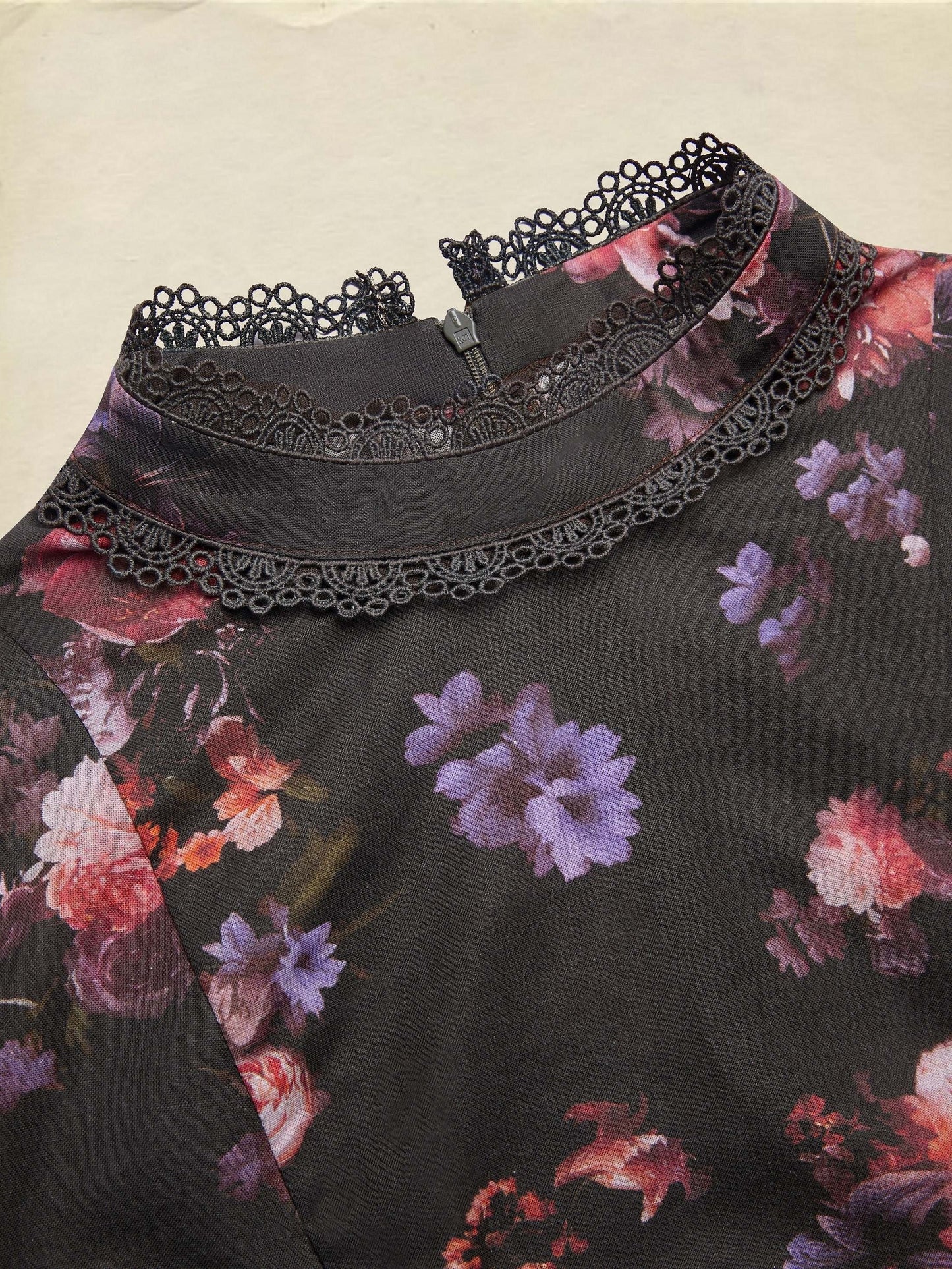 Chemisier en coton, manches longues, col montant, floral, dentelle, vintage, noir