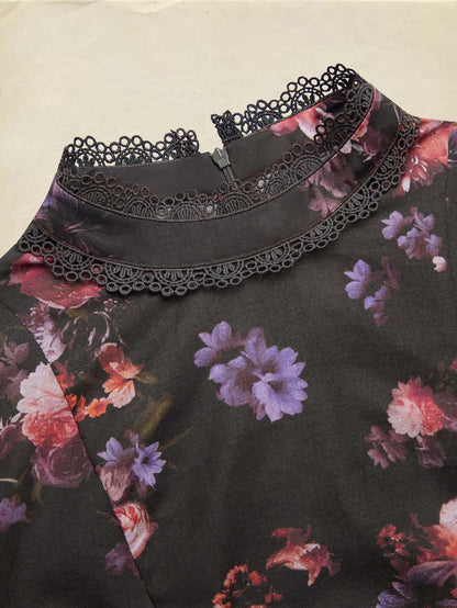 Chemisier en coton, manches longues, col montant, floral, dentelle, vintage, noir