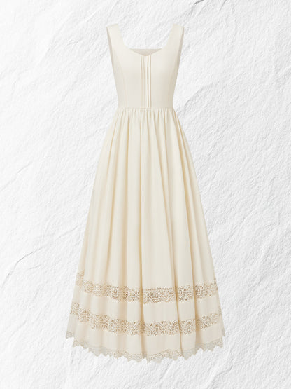 Robe longue en lin, sans manches, encolure en cœur, unie, dentelle, vintage, blanche
