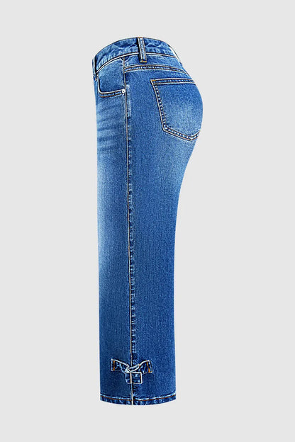 Wash Buckle Hem Mid Rise Wide Leg Crop Jeans