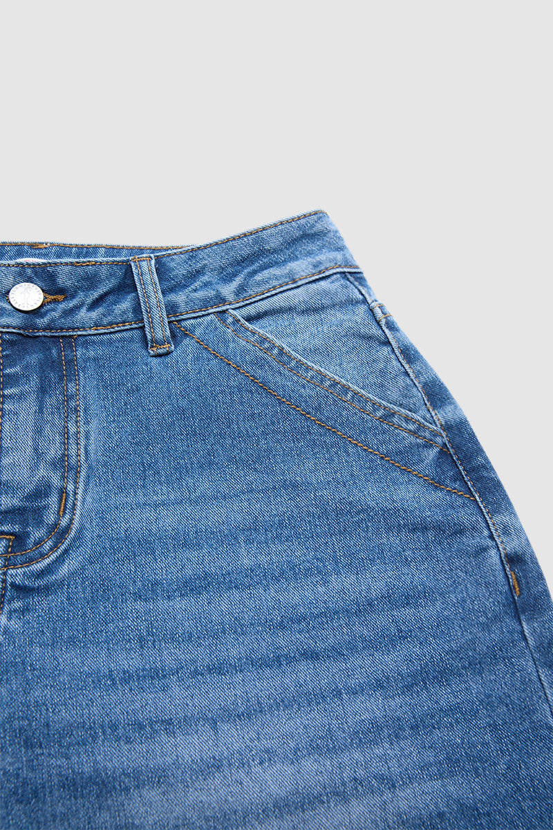 Wash Floral Embroidery Scallop Trim Mid Waist Wide Leg Jeans Without Belt