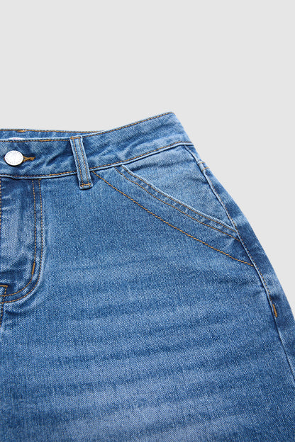 Wash Floral Embroidery Scallop Trim Mid Waist Wide Leg Jeans Without Belt