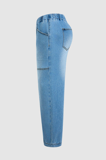 Wash Seam Elastic Mid Rise Wide Leg Crop Barrel Jeans