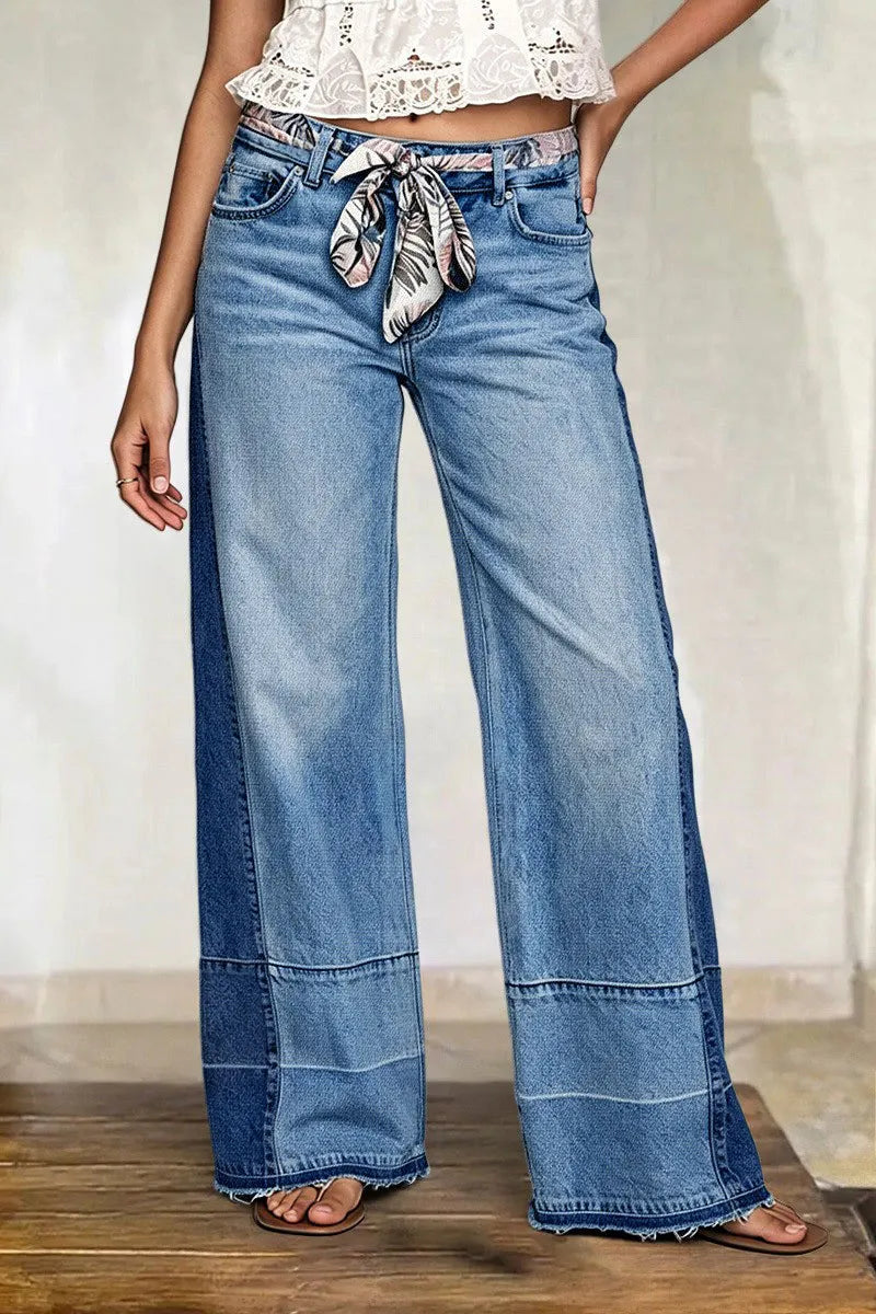Cut & Sew Raw Hem Mid Rise Wide Leg Jeans Without Belt