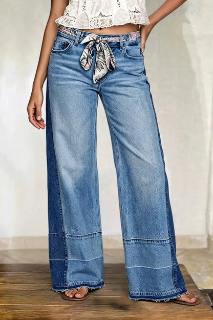 Cut & Sew Raw Hem Mid Rise Wide Leg Jeans Without Belt