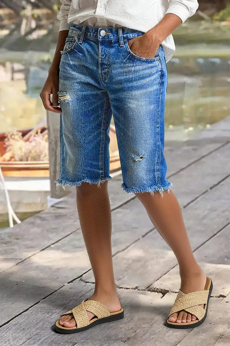 Raw Hem Ripped High Waist Denim Bermuda Shorts