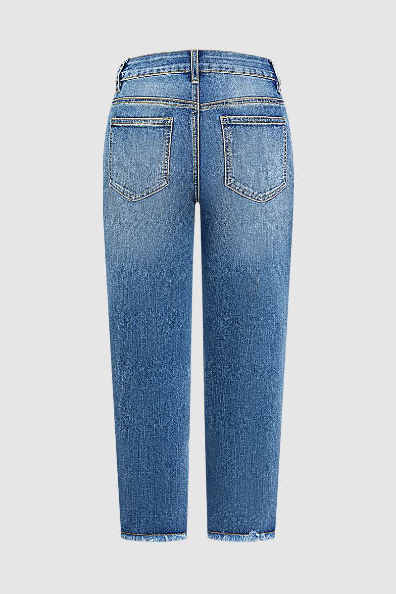 Wash Raw Hem Stitch Detail Mid Waist Straight Leg Cropped Jeans