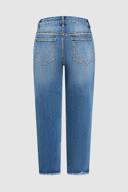 Wash Raw Hem Stitch Detail Mid Waist Straight Leg Cropped Jeans