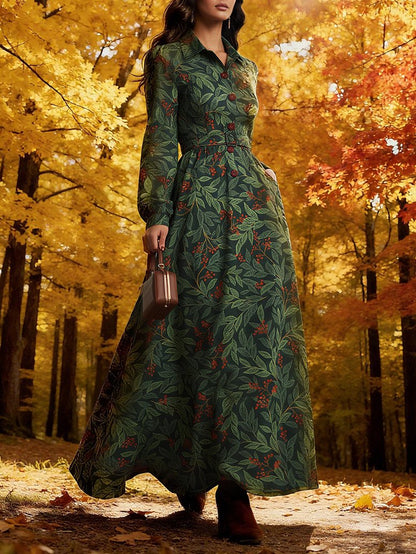 Robe longue en lin, manches longues, col châle, motif floral, boutonnée, style vintage, verte