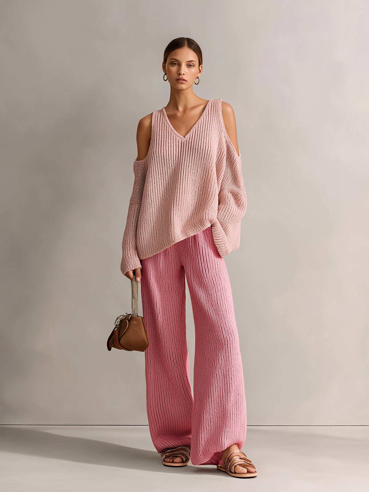 Chic Elegant Pink Colorblock V-Neck Long-Sleeve Cutout Details Loose-Fit Sweater And Wide-Leg Pants Ribbed Knit Two-Piece Set