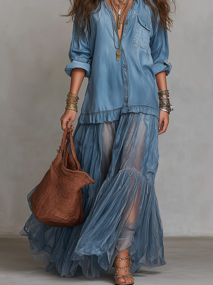 Robe en organza patchwork de denim bleu bohème