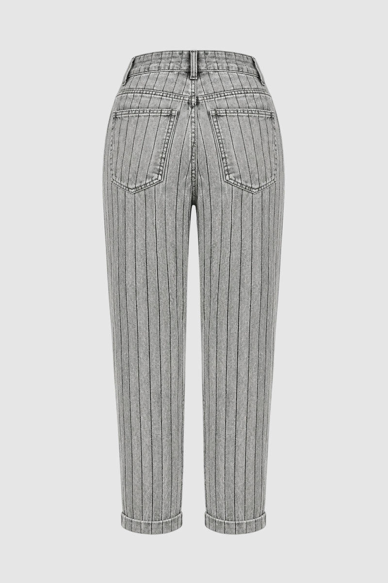 Striped Flap Decor Roll Hem High Waist Cropped Tapered Pants