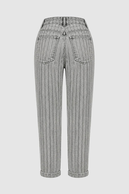 Striped Flap Decor Roll Hem High Waist Cropped Tapered Pants