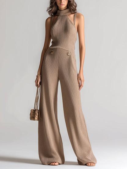 Chic Elegant Camel Mock-Neck Strappy Sleeveless Tailored-Waist Wide-Leg Ribbed Knit Jumpsuit