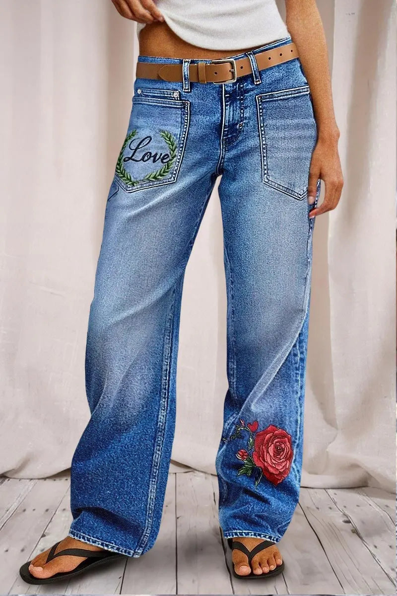 Valentine's Day Pattern Embroidered Patch Pocket Mid Rise Straight Leg Jeans Without Belt
