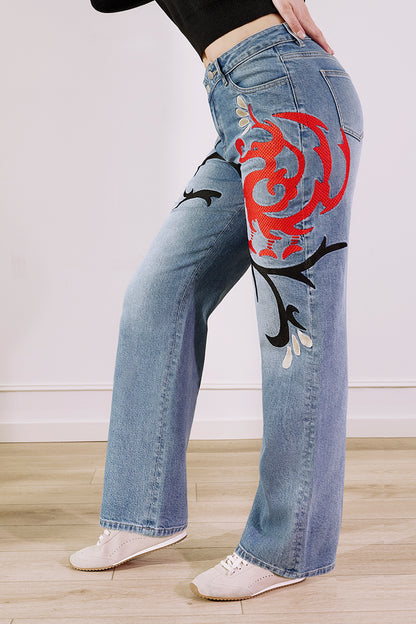 Wash Artistic Embroidery Dual Button Wrap Mid Waist Straight Leg Jeans