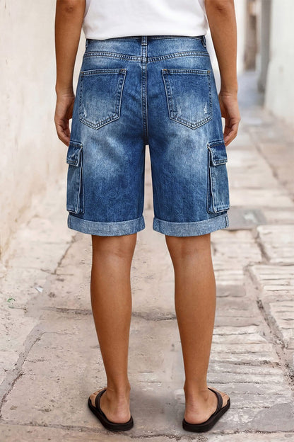 Wash Flap Pocket Roll Hem Belted High Rise Denim Bermuda Shorts