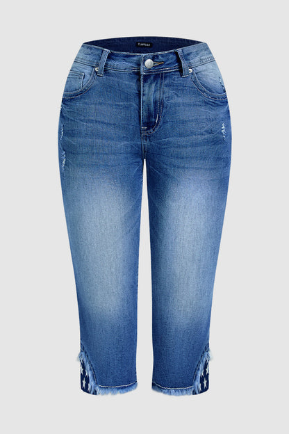 Stripe & Star Embroidery Raw Hem Mid Waist Skinny Capri Jeans