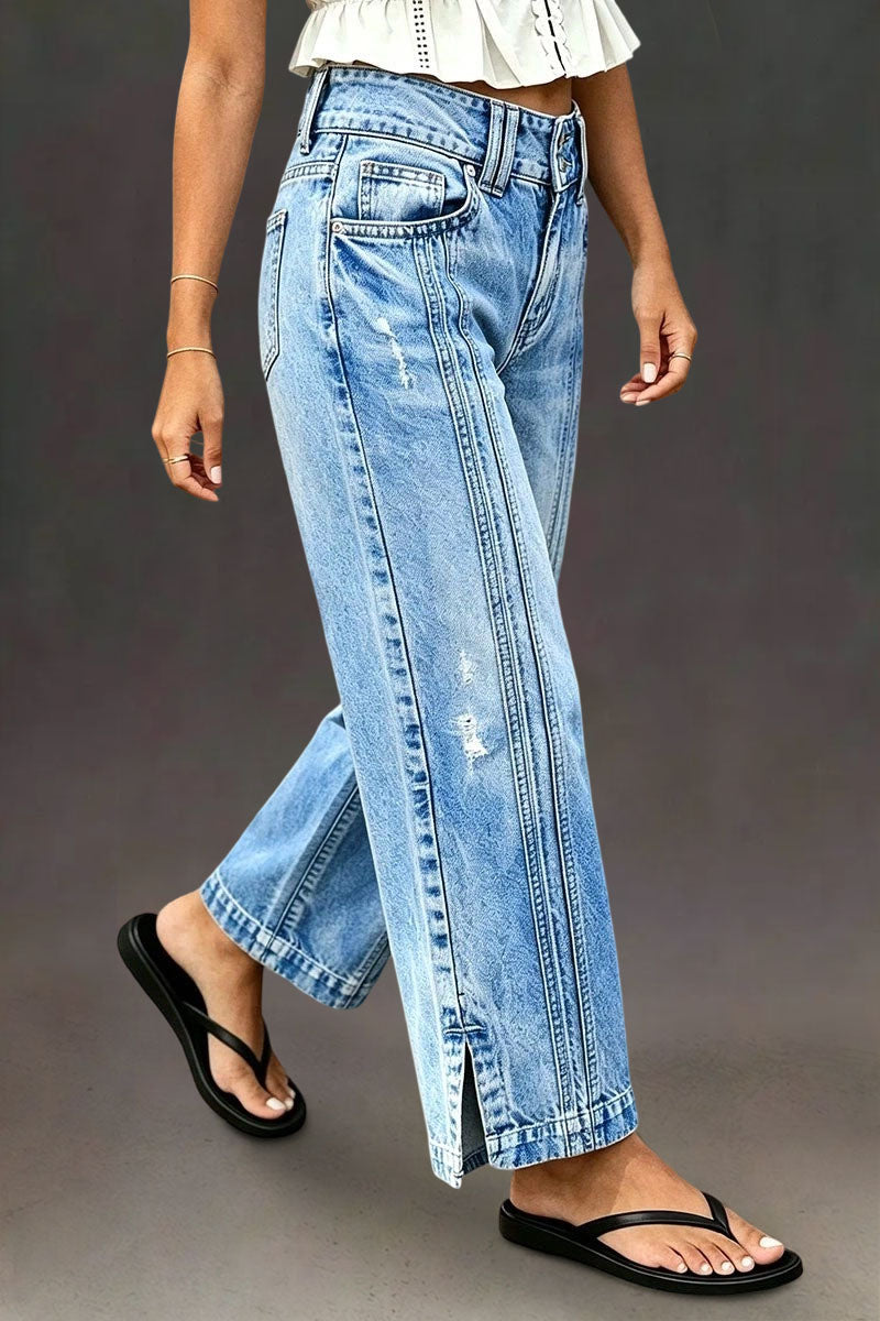 Wash Side Split Ripped Detail Mid Waist Wide Leg Cropped Jeans