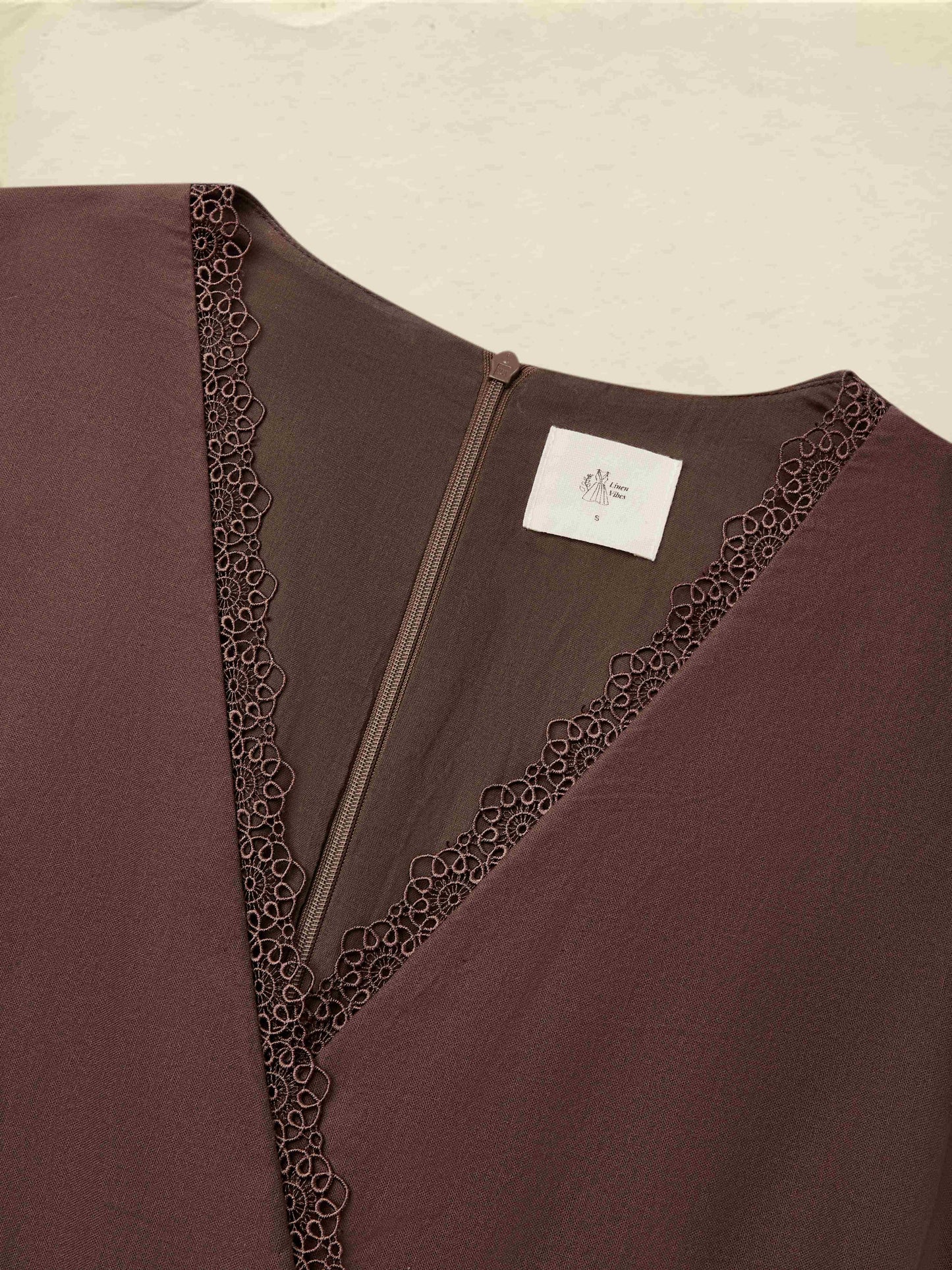 Robe longue en lin, manches courtes, col en dentelle, unie, vintage, BRUN CAMÉE