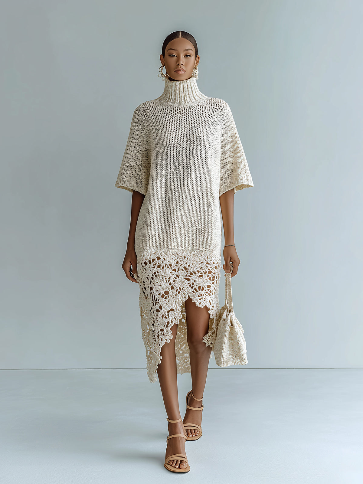 Chic Elegant Beige Turtle Neck Short-Sleeve Patchwork Irregular Lace Hem Relaxed-Fit Knit Midi Dress