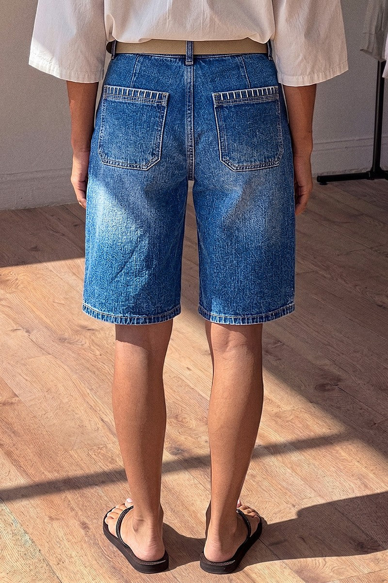 Wash Stitch Detail Patch Pocket High Rise Denim Bermuda Shorts