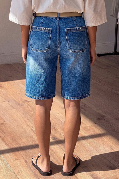 Wash Stitch Detail Patch Pocket High Rise Denim Bermuda Shorts