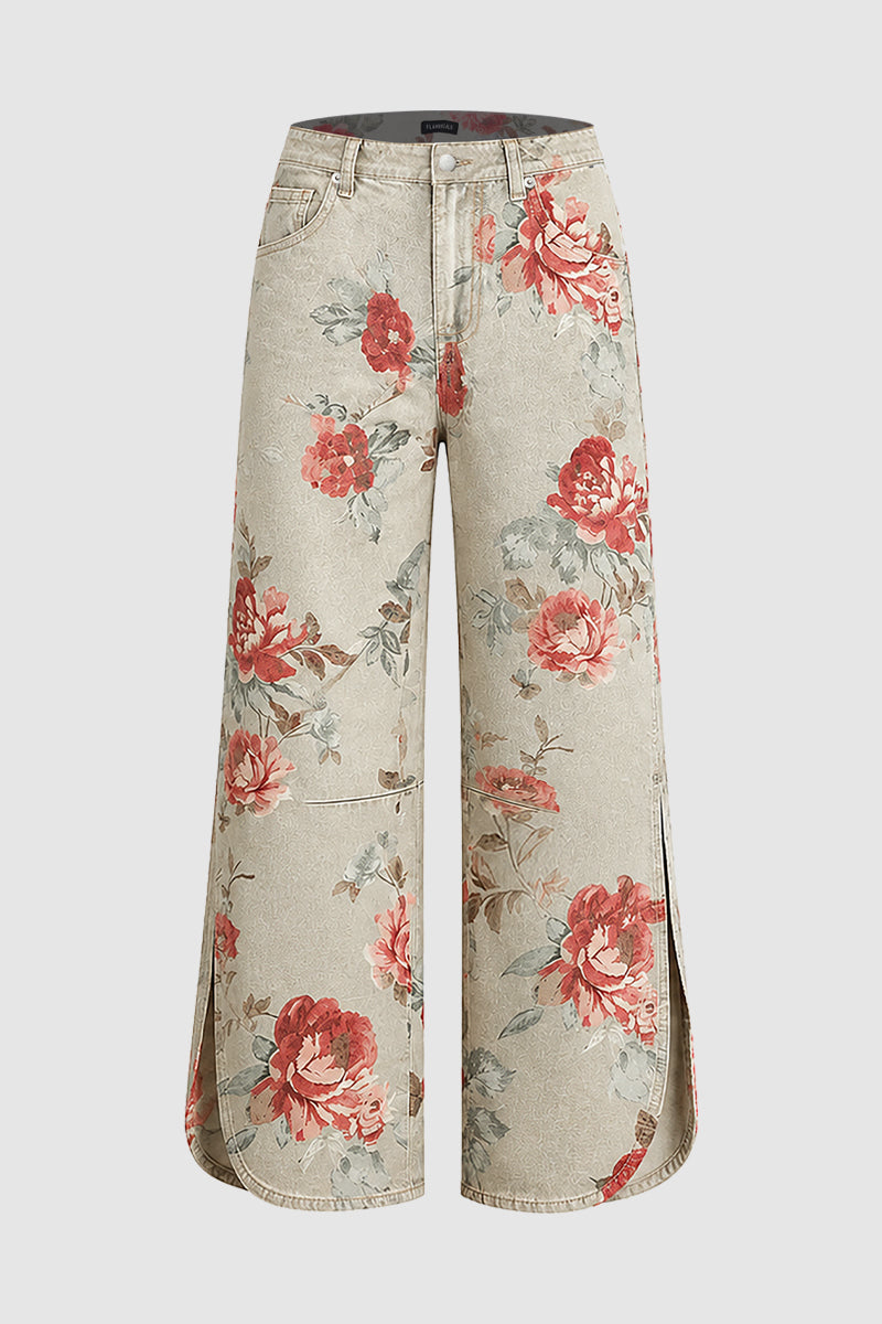 Floral Pattern Split Mid Waist Wide Leg Crop Pants Without Belt