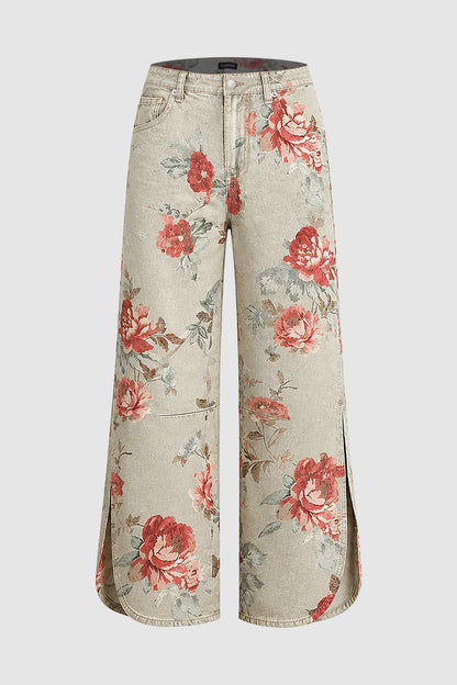 Floral Pattern Split Mid Waist Wide Leg Crop Pants Without Belt
