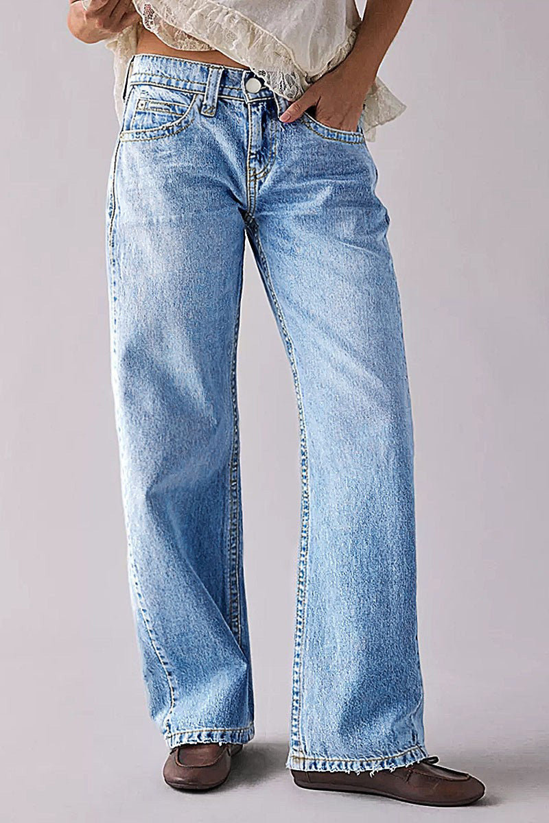 Wash Raw Hem Mid Rise Straight Leg Jeans