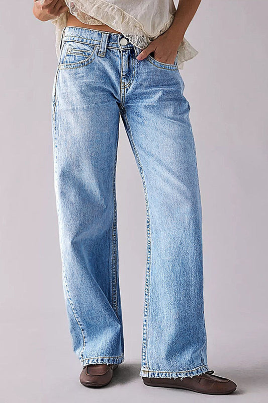 Wash Raw Hem Mid Rise Straight Leg Jeans