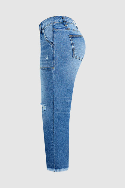 Raw Hem Ripped Mid Waist Straight Leg Crop Jeans