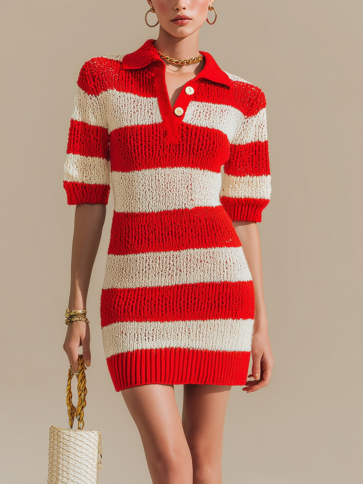 Chic Vintage Red Beige Lapel Collar Button-up Short-Sleeve Loose-Fit Knit Mini Dress