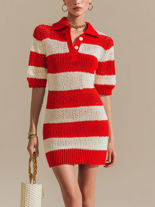 Chic Vintage Red Beige Lapel Collar Button-up Short-Sleeve Loose-Fit Knit Mini Dress