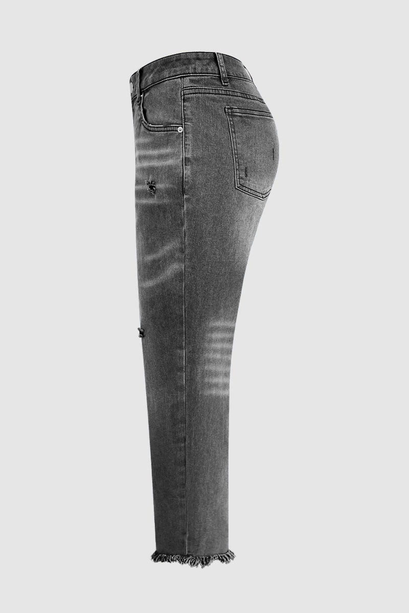 Wash Ripped Raw Hem Mid Waist Straight Leg Crop Jeans
