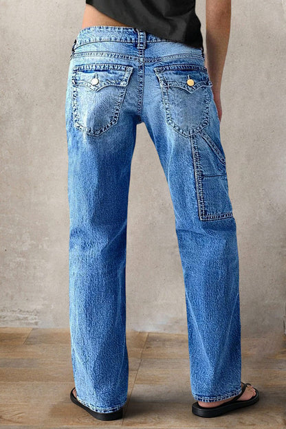 Stitch Detail Mid Waist Straight Leg Jeans