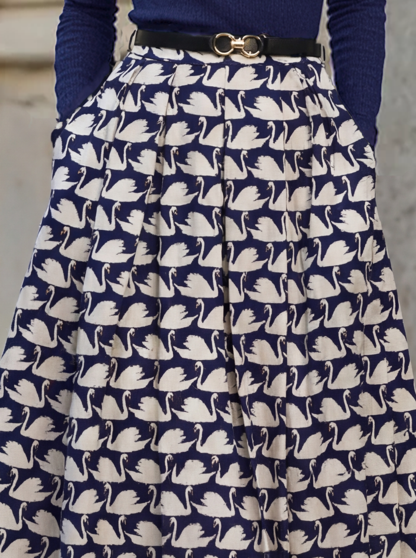 Jupe longue en coton, motif animalier, imprimé cygne, poches, vintage, bleu violacé